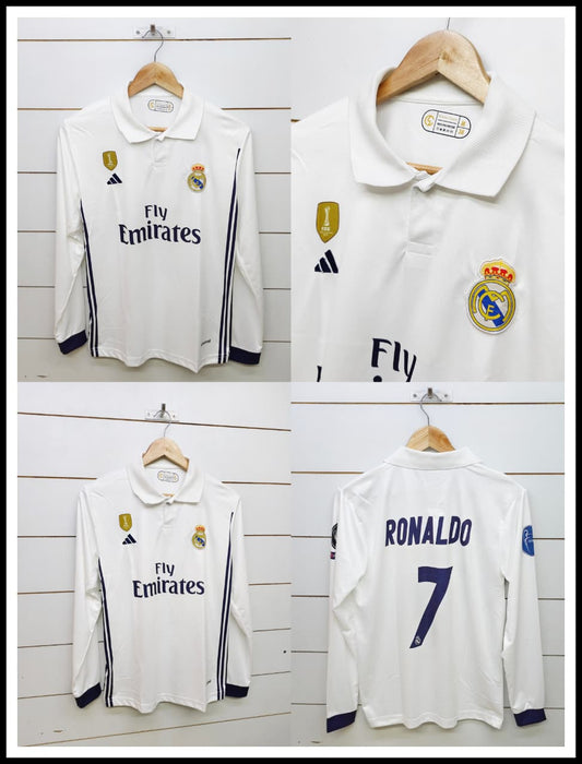 REAL MADRID RETRO 2016-17 HOME RONALDO with COLLAR FULL SLEEVE (EMBROIDERY LOGOS)